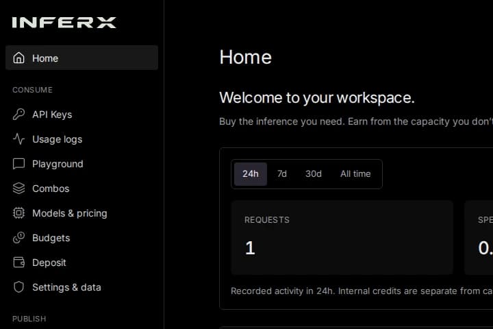 InferX wordmark, sidebar, and workspace overview