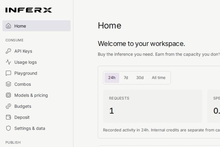 InferX wordmark, sidebar, and workspace overview