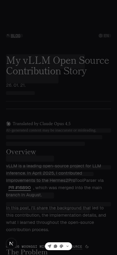 Mobile overlay of a blog post and its loading skeleton