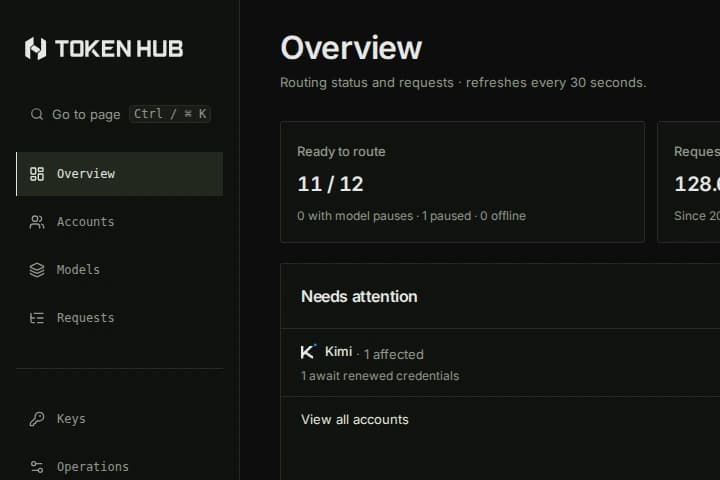 Token Hub wordmark, sidebar, and account availability