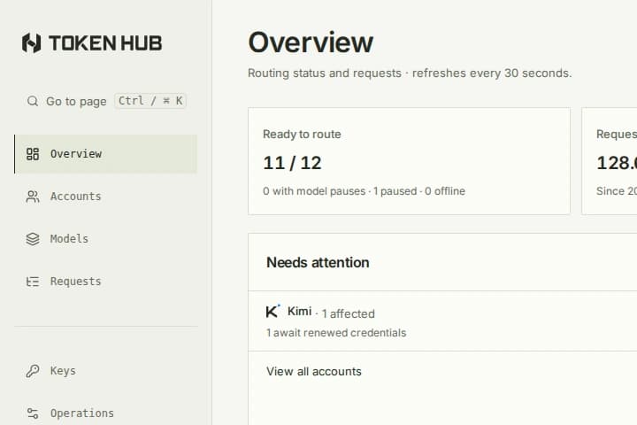 Token Hub wordmark, sidebar, and account availability